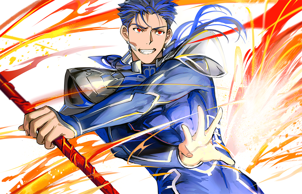 1boy 9sui abs armor beads blue_hair bodysuit closed_mouth cu_chulainn_(fate)_(all) earrings fang fate/stay_night fate_(series) gae_bolg hair_beads hair_ornament holding holding_polearm holding_weapon jewelry lancer long_hair male_focus muscular pauldrons polearm ponytail red_eyes shoulder_armor simple_background skin_tight solo spiky_hair type-moon weapon white_background