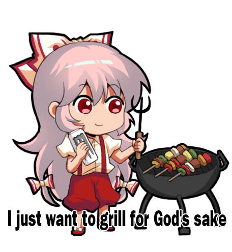 1girl barbecue bow can chibi collared_shirt energy_drink english_commentary english_text eyebrows_visible_through_hair food fujiwara_no_mokou grill grilling hair_between_eyes hair_bow holding holding_can i_just_wanna_grill_for_god's_sake jokanhiyou kebab long_hair lowres meme monster_energy puffy_short_sleeves puffy_sleeves red_eyes shirt short_sleeves shorts simple_background smile solo standing suspenders touhou very_long_hair white_background