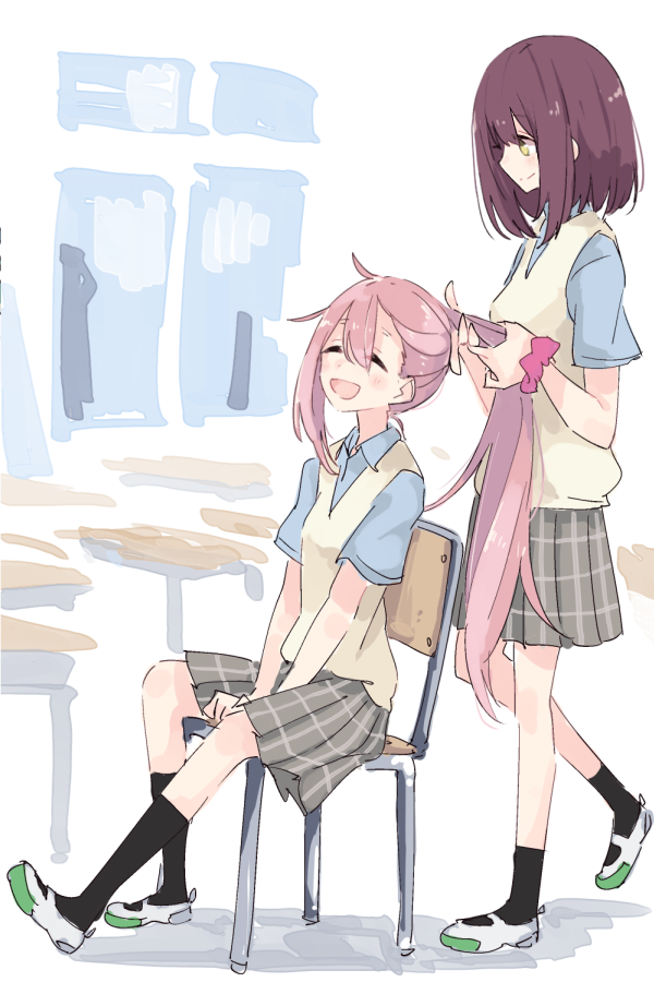 :d ^_^ brown_hair classroom closed_eyes holding holding_hair kagamihara_nadeshiko long_hair medium_hair open_mouth pink_hair school school_uniform shiroshi_(denpa_eshidan) sitting smile standing toki_ayano yurucamp