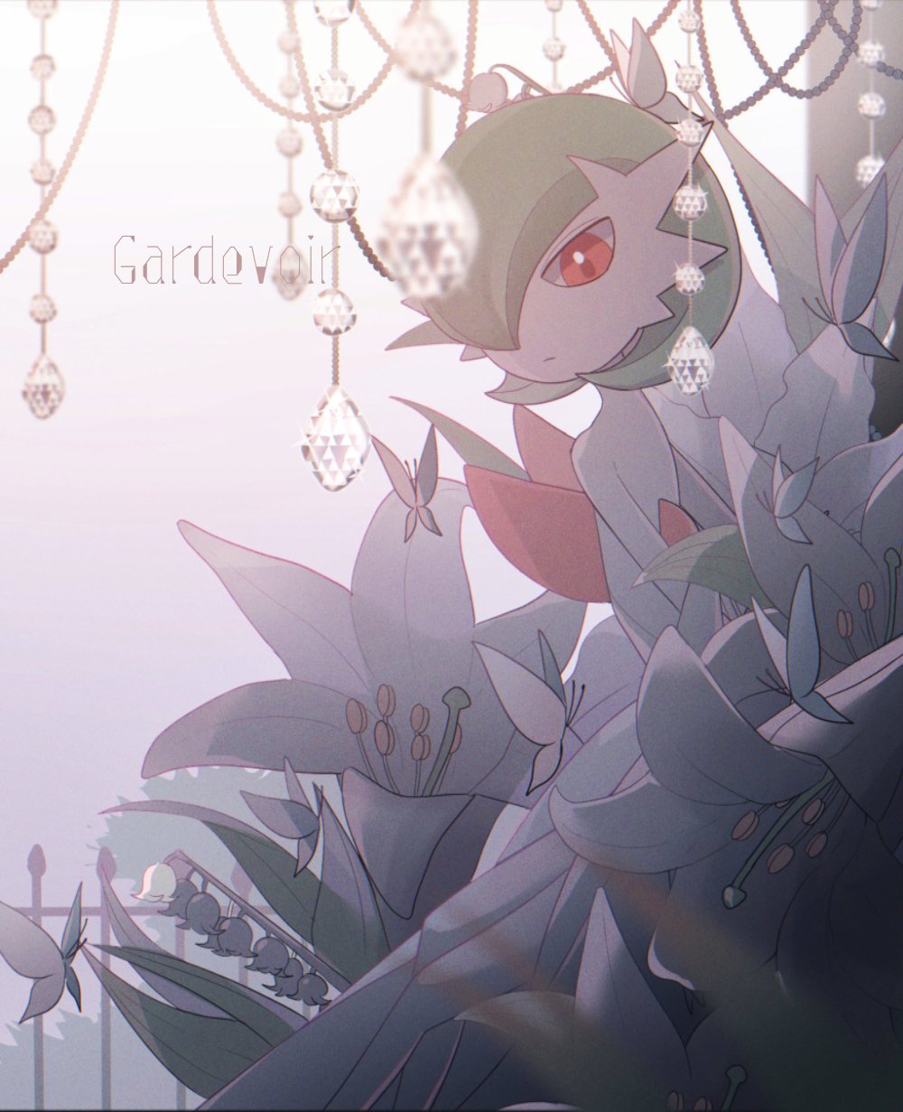 alu_drp beads bug butterfly character_name closed_mouth colored_skin fence film_grain flower gardevoir gem gen_3_pokemon highres insect looking_down mega_gardevoir mega_pokemon pokemon pokemon_(creature) red_eyes white_flower white_skin