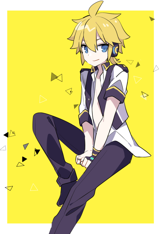 1boy between_legs blonde_hair blue_moon_(module) commentary fingerless_gloves gloves hand_between_legs headphones kagamine_len male_focus open_clothes open_shirt project_diva_(series) shirt single_glove sitting smile solo spiky_hair vocaloid white_shirt yellow_background yoshiki