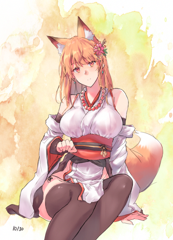 1girl animal_ear_fluff animal_ears bangs bare_shoulders black_legwear black_panties blush breasts closed_mouth commentary dated detached_sleeves ear_piercing earrings eyebrows_visible_through_hair flower fox_ears fox_girl fox_tail hair_between_eyes hair_flower hair_ornament japanese_clothes jewelry large_breasts long_hair looking_at_viewer obi orange_eyes orange_hair original panties piercing red_flower red_sash sash sawaya_(mizukazu) simple_background sitting smile solo tail thigh-highs underwear wide_sleeves