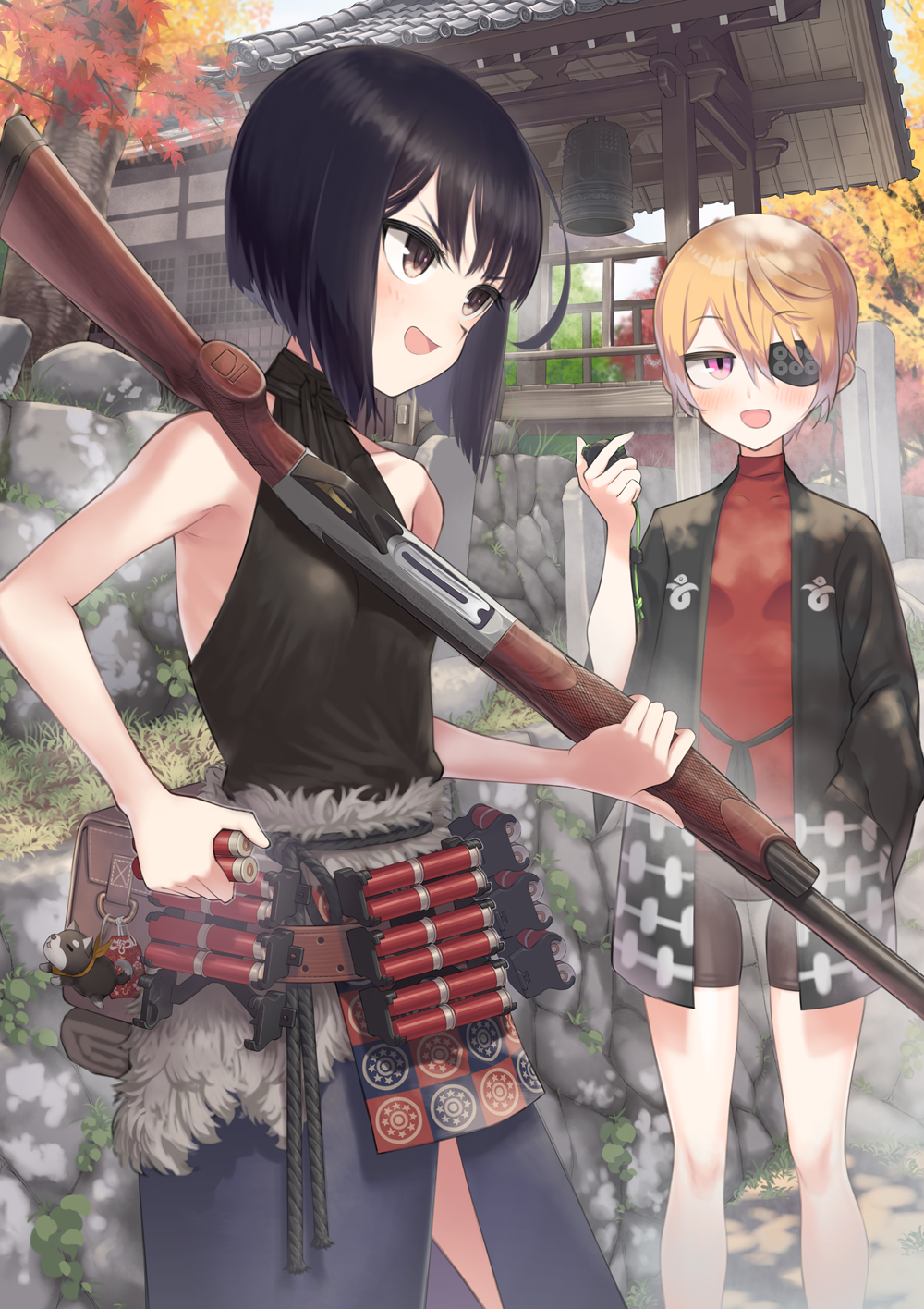 2girls :d ammunition_pouch architecture autumn_leaves bare_shoulders bell belt_pouch bike_shorts black_hair blonde_hair bob_cut brown_eyes commentary_request east_asian_architecture eyebrows_visible_through_hair eyepatch gun hand_in_pocket highres multiple_girls open_mouth original pouch reloading samaru_(seiga) short_hair shotgun shotgun_shells smile stopwatch tree very_short_hair violet_eyes watch weapon weapon_request