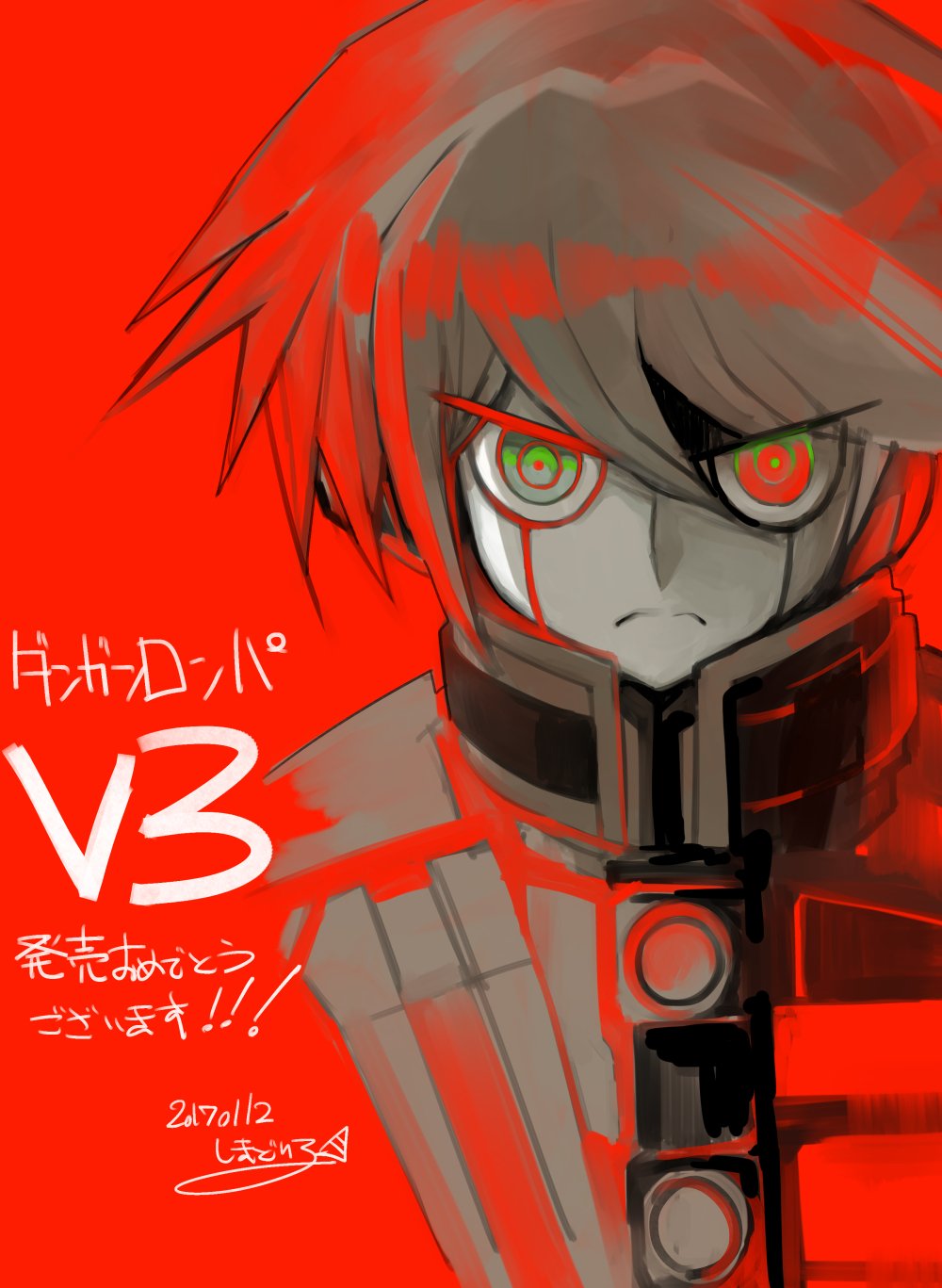 1boy android armor commentary_request dangan_ronpa_(series) dangan_ronpa_v3:_killing_harmony dated frown grey_hair hair_between_eyes highres keebo looking_at_viewer male_focus pale_skin red_background red_eyes red_theme shimadoriru shiny shiny_hair short_hair signature solo translation_request upper_body v-shaped_eyebrows