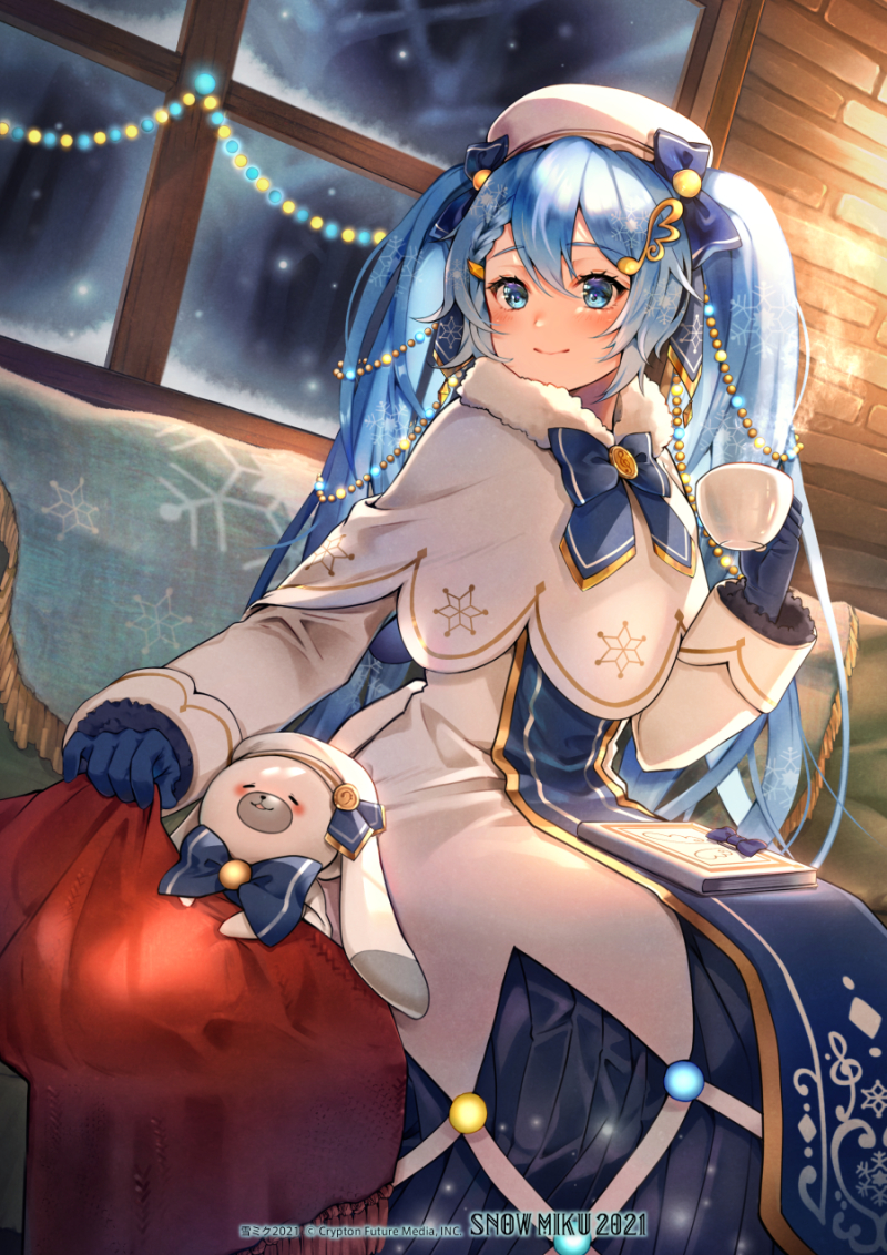 1girl 1other beret blue_bow blue_gloves blue_tabard blush book book_on_lap bow bowtie braid brick_wall capelet christmas_lights commentary cup dress fur-trimmed_capelet fur_trim gloves gold_trim hair_bow hair_ornament hat hatsune_miku holding holding_cup indoors kyashii_(a3yu9mi) light_smile long_hair musical_note_hair_ornament night rabbit rabbit_yukine sitting sleeping snowflake_print snowing treble_clef twintails under_covers very_long_hair vocaloid white_capelet white_dress white_headwear window yuki_miku yuki_miku_(2021)