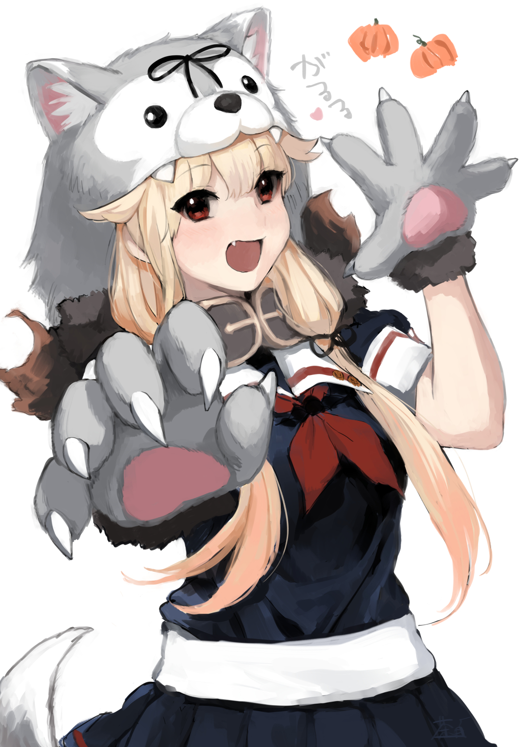 1girl animal_hood bangs black_skirt blonde_hair blush chagen_kokimu dog_hood dog_tail eyebrows_visible_through_hair fang gloves hair_flaps hair_ribbon highres hood kantai_collection long_hair neckerchief open_mouth paw_gloves paws pleated_skirt pumpkin red_eyes red_neckwear remodel_(kantai_collection) ribbon sailor_collar school_uniform serafuku short_sleeves simple_background skirt solo tail white_background yuudachi_(kantai_collection)