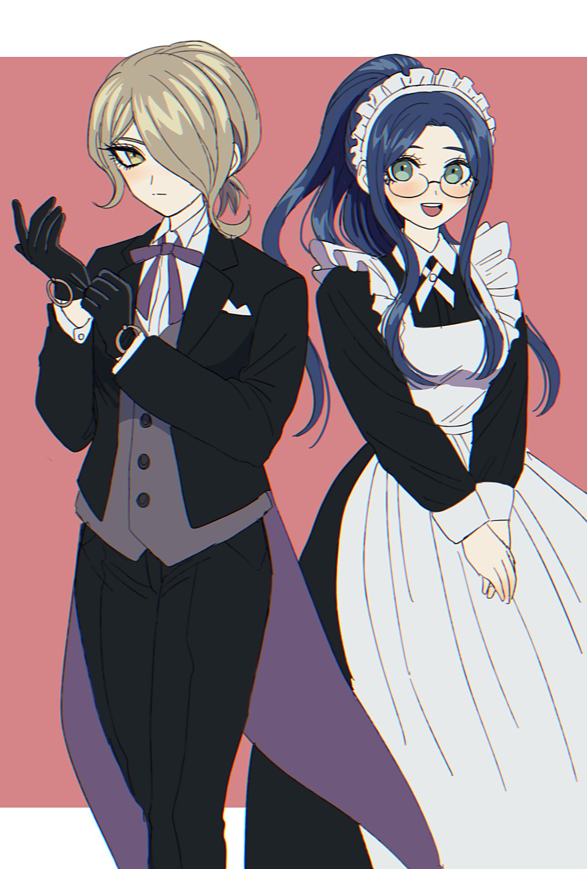 2girls :d alternate_costume apron bangs black_dress black_gloves black_pants blue_hair butler commentary_request cowboy_shot dangan_ronpa_(series) dangan_ronpa_v3:_killing_harmony dress enmaided feet_out_of_frame glasses gloves green_eyes hair_over_one_eye hands_together highres long_hair long_sleeves looking_at_viewer maid maid_apron maid_headdress multiple_girls neck_ribbon open_mouth pants pink_background ponytail purple_ribbon ribbon round_eyewear shirogane_tsumugi shirt short_hair smile standing tei_(auntaso) toujou_kirumi upper_teeth waistcoat