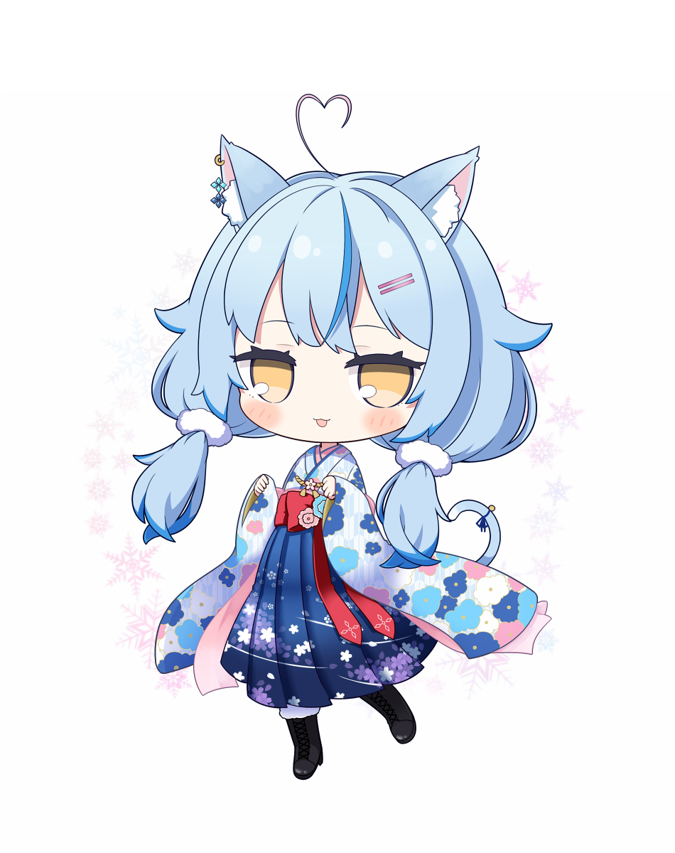 1girl ahoge animal_ear_fluff animal_ears bangs black_footwear blue_hair blue_hakama blue_kimono blush boots brown_eyes cat_ears cat_girl cat_tail chibi cocozasa commentary_request cross-laced_footwear ear_piercing eyebrows_visible_through_hair floral_print full_body fur-trimmed_boots fur_trim grey_background hair_ornament hairclip hakama heart_ahoge high_heel_boots high_heels highres hololive japanese_clothes kemonomimi_mode kimono lace-up_boots long_hair long_sleeves looking_at_viewer low_twintails multicolored_hair parted_lips piercing print_hakama print_kimono sleeves_past_wrists snowflake_background solo streaked_hair tail twintails very_long_hair virtual_youtuber wide_sleeves yukihana_lamy