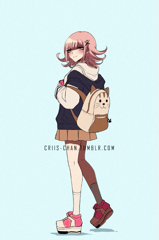 1girl alternate_costume backpack bag bangs blunt_bangs blush brown_skirt casual cat_bag commentary criis-chan dangan_ronpa_(series) dangan_ronpa_2:_goodbye_despair eyebrows_visible_through_hair flipped_hair from_side full_body grey_background hair_ornament hairclip handheld_game_console holding holding_handheld_game_console hood hood_down hoodie jacket kneehighs long_sleeves looking_at_viewer looking_to_the_side nanami_chiaki open_clothes open_jacket pink_footwear pink_hair pleated_skirt shoes simple_background skirt smile sneakers solo standing tumblr_username white_hoodie white_legwear x_hair_ornament