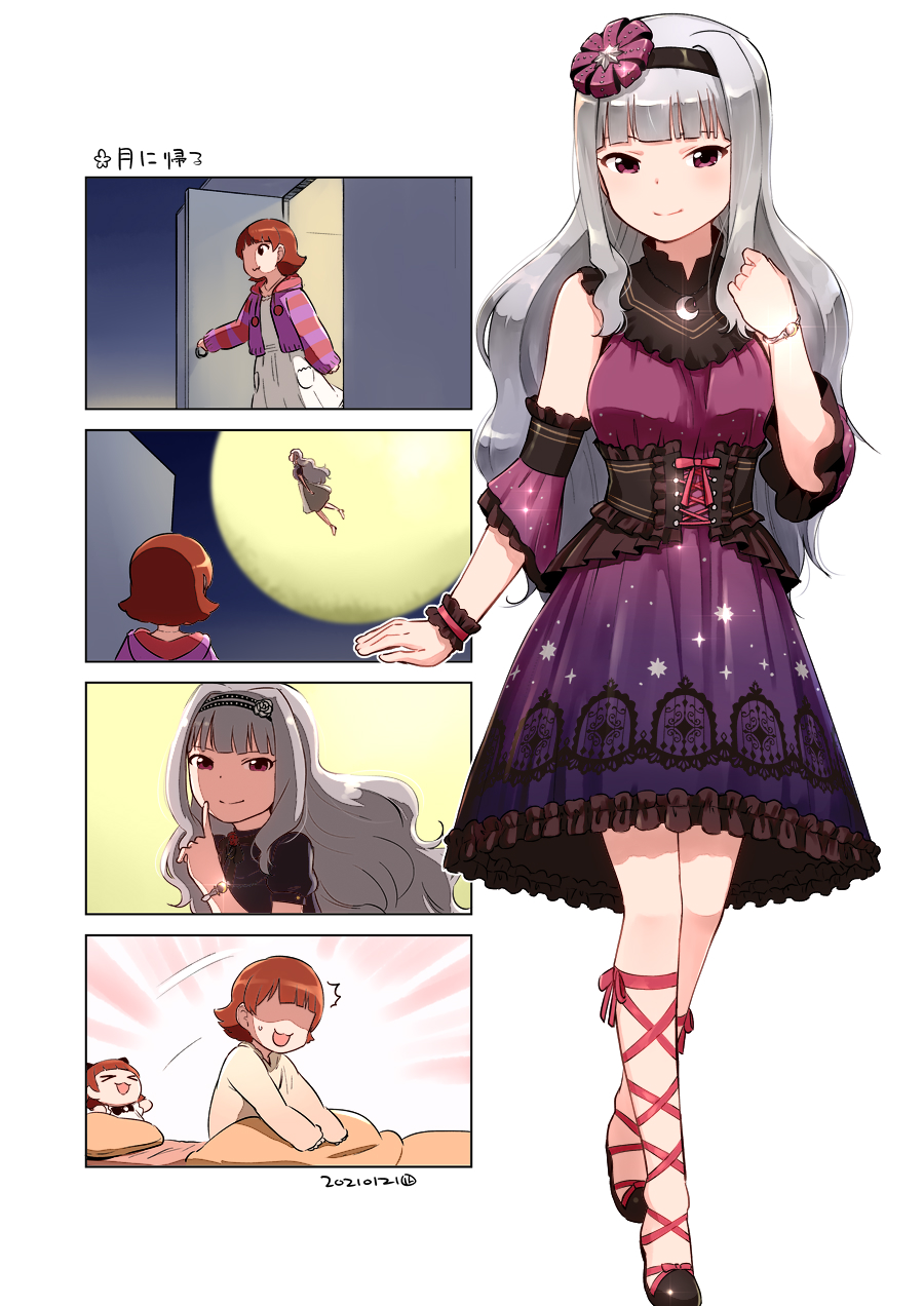 2girls bangs blunt_bangs breasts closed_mouth dated detached_sleeves dreaming dress floating flower from_behind glint gradient_dress hairband hand_up highres hood hood_down hooded_jacket idolmaster idolmaster_(classic) idolmaster_million_live! index_finger_raised jacket light_smile long_hair long_sleeves looking_at_viewer moon motion_lines multiple_girls nagian night night_sky no_eyes nonohara_akane open_mouth pom_pom_(clothes) purple_dress redhead rose shijou_takane silver_hair sky sleeveless sleeveless_dress standing surprised sweatdrop upper_body violet_eyes white_flower white_rose