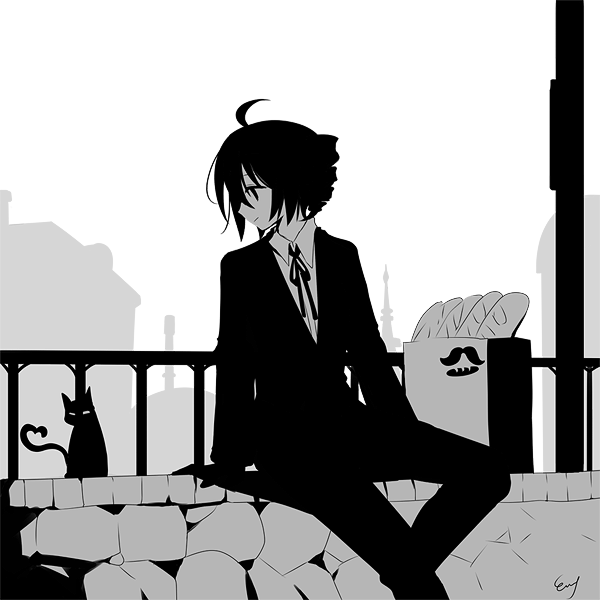 1girl ahoge bag baguette black_suit bread cat cityscape commentary drill_hair food formal greyscale handrail heart heart_tail kasane_teto looking_at_animal looking_to_the_side monochrome neck_ribbon np_eny ribbon shopping_bag short_hair signature sitting solo suit tail twin_drills utau