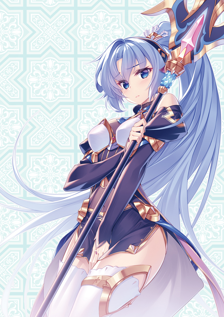 1girl armor bare_shoulders between_legs blue_eyes blue_hair blush breastplate breasts covered_navel cowboy_shot detexted frown hand_between_legs high_ponytail juliet_sleeves large_breasts long_hair long_sleeves ludmila_lourie madan_no_ou_to_michelia medium_breasts midriff miniskirt miyatsuki_itsuka navel official_art polearm puffy_sleeves sidelocks skirt solo thigh-highs third-party_edit very_long_hair weapon white_legwear