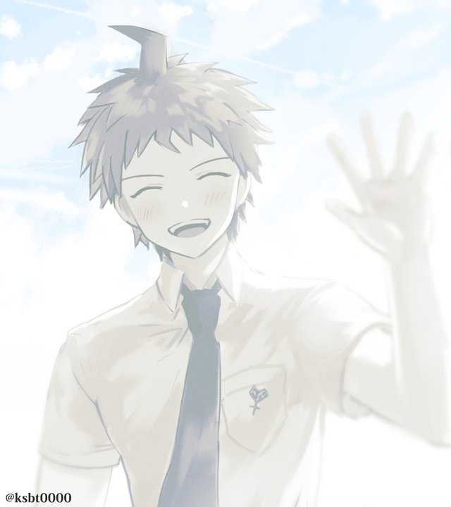 1boy :d bangs blush closed_eyes collared_shirt commentary_request dangan_ronpa_(series) dangan_ronpa_2:_goodbye_despair green_neckwear hand_up hinata_hajime ksbt0000 light male_focus necktie open_mouth outdoors shirt short_sleeves simple_background smile solo spiky_hair striped twitter_username upper_body white_shirt wing_collar