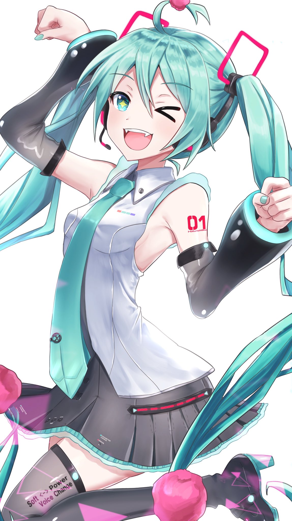 &gt;_o 1girl ahoge aqua_eyes aqua_hair aqua_nails aqua_neckwear bare_shoulders black_legwear black_skirt black_sleeves breasts commentary detached_sleeves fangs hair_ornament hands_up hatsune_miku hatsune_miku_(vocaloid4) headphones headset highres itogari leg_up long_hair looking_at_viewer miniskirt nail_polish necktie one_eye_closed open_mouth paw_pose pleated_skirt pom_poms see-through_legwear see-through_sleeves shirt shoulder_tattoo sideboob skirt sleeveless sleeveless_shirt smile solo tattoo thigh-highs twintails upper_body v4x very_long_hair vocaloid white_background white_shirt zettai_ryouiki