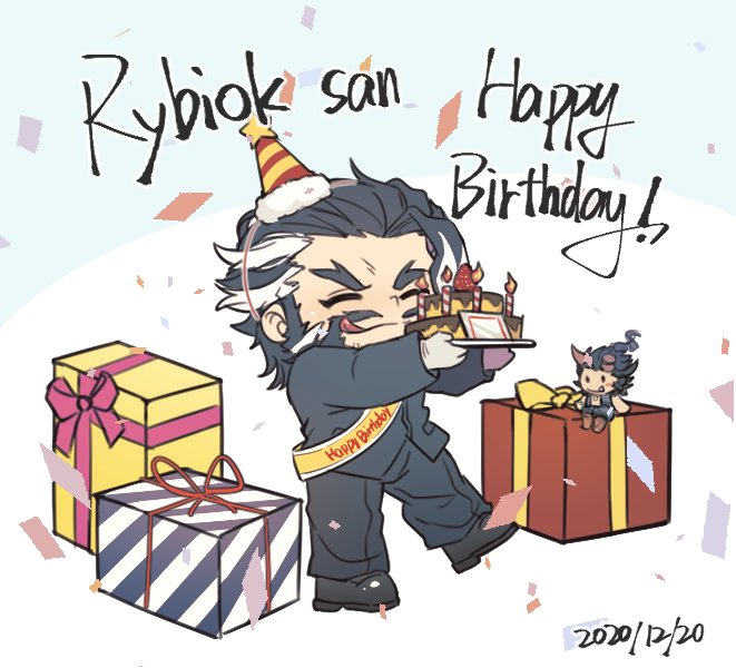 1boy :q ^_^ beard box cake chibi closed_eyes daikoku_(tokyo_houkago_summoners) dark_blue_hair facial_hair food forked_eyebrows gift gift_box hair_strand happy_birthday holding holding_cake holding_food ina_zuma male_focus multicolored_hair muscular muscular_male mustache sash short_hair solo stuffed_toy takemaru_(tokyo_houkago_summoners) thick_eyebrows tokyo_houkago_summoners tongue tongue_out two-tone_hair