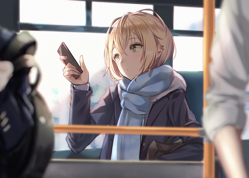 1girl bag bangs black_jacket blonde_hair blue_scarf blurry blurry_background blurry_foreground bus_interior cellphone closed_mouth commentary_request day depth_of_field ear_piercing eyebrows_visible_through_hair green_eyes hair_between_eyes hand_up holding holding_phone hood hood_down hoodie jacket looking_away mappaninatta open_clothes open_jacket original phone piercing scarf school_bag school_uniform shirt sitting solo_focus upper_body white_hoodie white_shirt