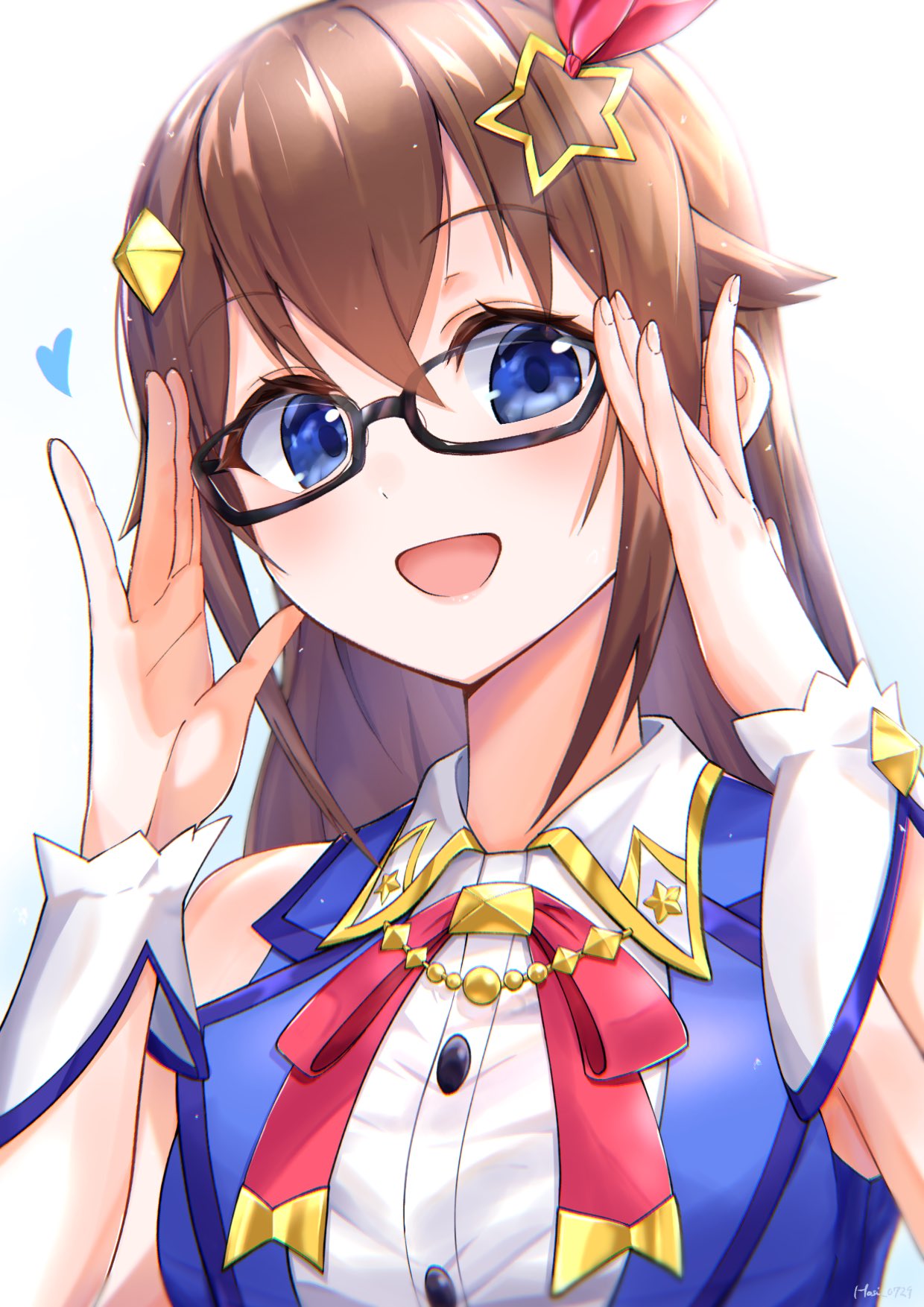 1girl adjusting_eyewear bespectacled black-framed_eyewear blue_eyes blue_jacket blush borrowed_garments breasts brown_hair collared_shirt commentary eyebrows_visible_through_hair glasses hair_between_eyes hair_flaps hair_ornament heart highres hololive hosi_0729 jacket long_hair looking_at_viewer medium_breasts neck_ribbon open_mouth pink_neckwear pink_ribbon ribbon shirt simple_background sleeveless sleeveless_jacket smile solo star_(symbol) star_hair_ornament tokino_sora upper_body virtual_youtuber white_background white_shirt wrist_cuffs