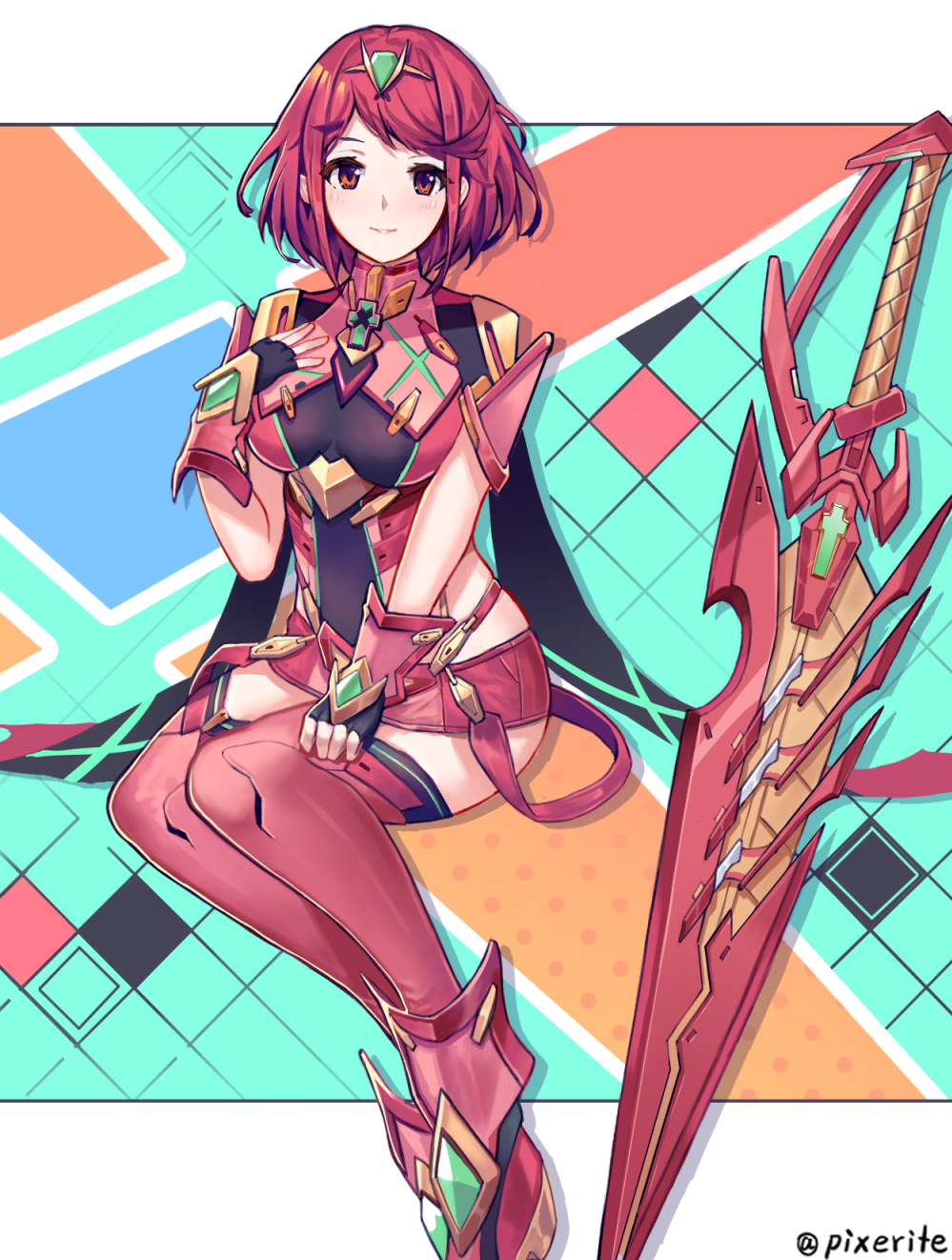 1girl breasts highres large_breasts pixerite pyra_(xenoblade) red_eyes redhead short_hair shorts skindentation solo sword weapon xenoblade_chronicles_(series) xenoblade_chronicles_2