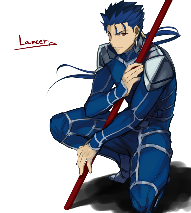 1boy armor beads blue_hair bodysuit closed_mouth cu_chulainn_(fate)_(all) earrings fate/stay_night fate_(series) floating_hair gae_bolg grin hair_beads hair_ornament holding holding_polearm holding_weapon jam8686 jewelry lancer long_hair male_focus pauldrons polearm ponytail red_eyes shoulder_armor simple_background skin_tight smile solo spiky_hair squatting type-moon weapon white_background
