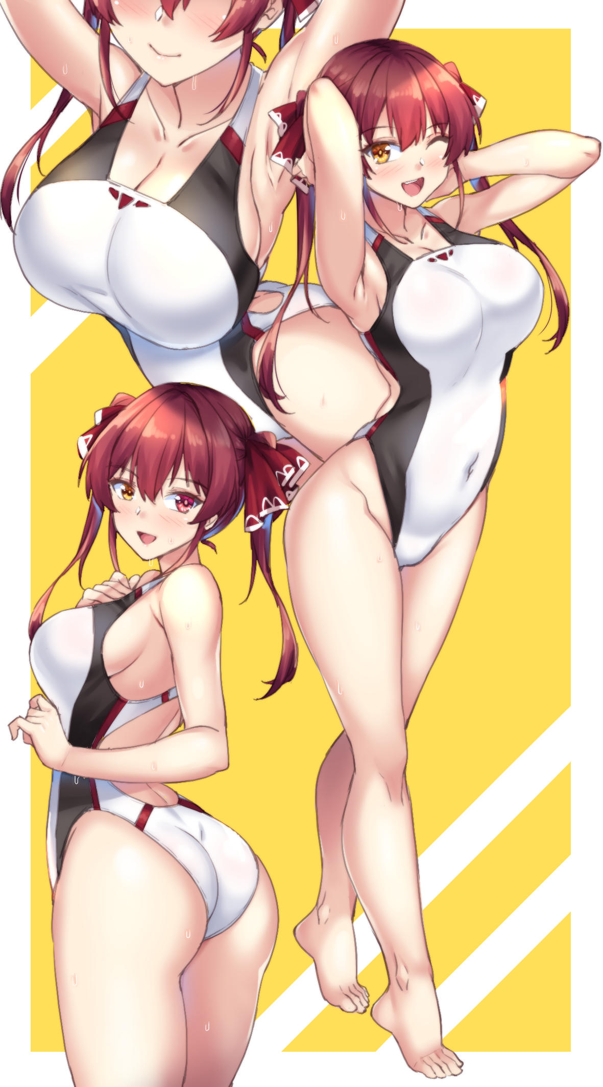 1girl ass bangs breasts competition_swimsuit hair_ribbon heterochromia highres hololive houshou_marine large_breasts long_hair no_eyepatch one-piece_swimsuit pirate red_eyes red_ribbon redhead ribbon shirokuma_a solo swimsuit twintails virtual_youtuber yellow_eyes