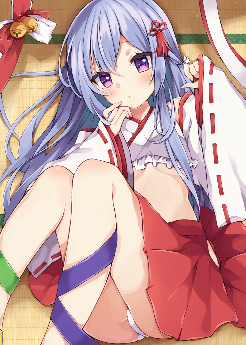 1girl ass blue_hair breasts crop_top detached_sleeves frilled_shirt frills hair_ornament hands_up hip_vent japanese_clothes legs_up long_hair long_sleeves looking_at_viewer lying maki_soutoki midriff miko on_back original panties red_skirt revealing_clothes shirt skirt small_breasts solo stomach tassel thighs under_boob underwear violet_eyes white_panties white_shirt wide_sleeves