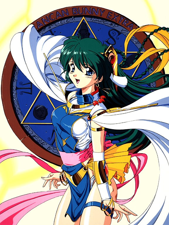 1990s_(style) 1girl armlet bangs blue_eyes bracelet braid can_can_bunny can_can_bunny_extra copyright_name cowboy_shot earrings floating_hair green_hair hair_ornament jewelry long_hair official_art open_mouth solo swatty_(can_can_bunny)