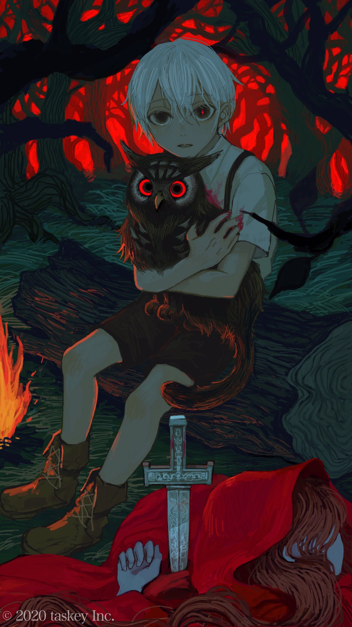 1boy 1girl animal animal_hug bird black_eyes blood blood_on_fingers bloody_clothes bloody_hands brown_footwear brown_hair brown_shorts campfire cat cloak dagger eyebrows_visible_through_hair fingernails fire flame glowing hair_between_eyes highres holding holding_animal hood hood_up hooded_cloak hug log long_hair looking_at_viewer nature original outdoors owl parted_lips planted planted_weapon red_cloak red_eyes red_pupils shida_7 shorts sitting tree weapon white_hair