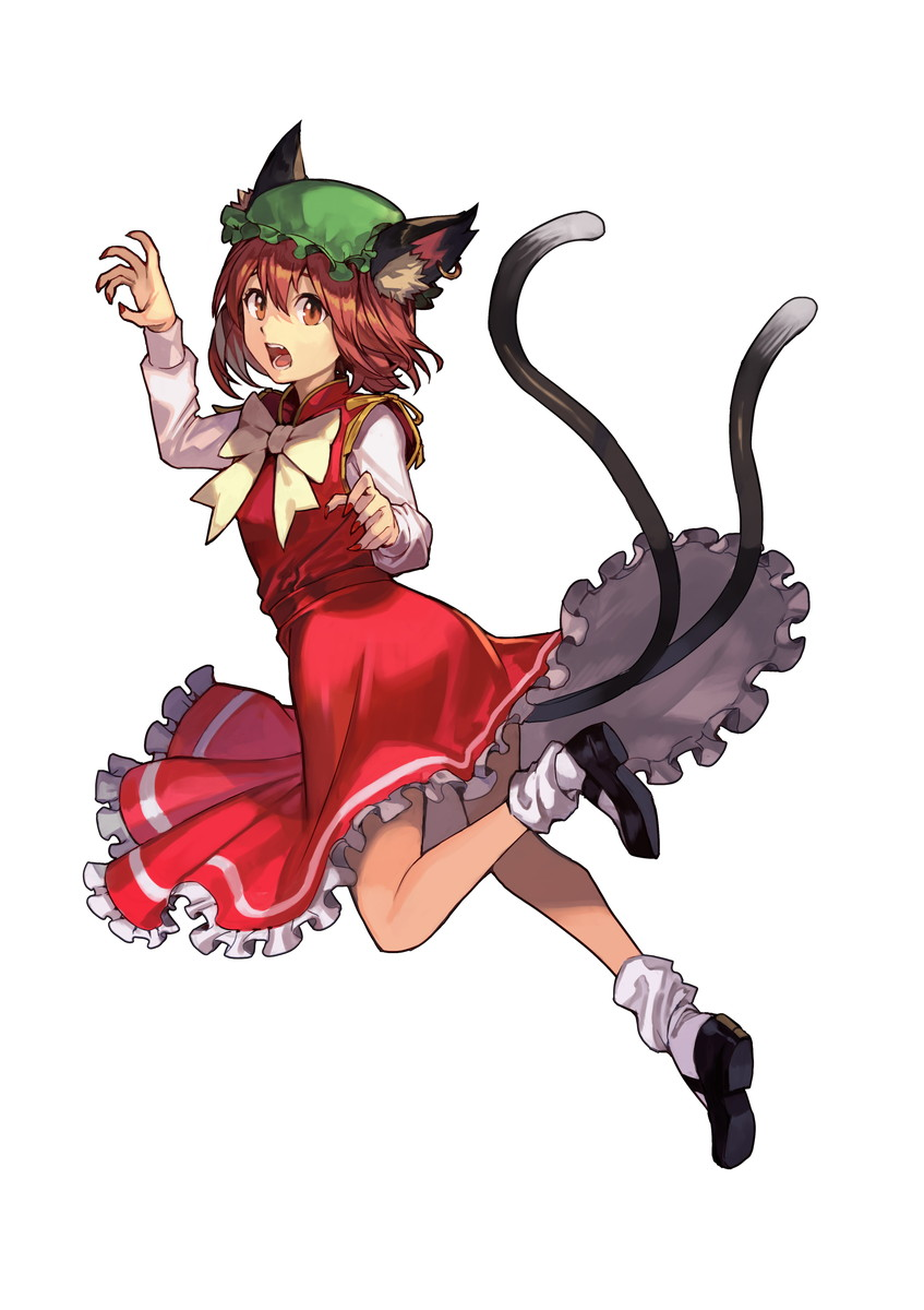 1girl animal_ear_fluff animal_ears bow brown_eyes brown_hair cat_ears cat_tail chen fangs frilled_hat frilled_skirt frills green_headwear hankuri hat highres long_sleeves looking_at_viewer mob_cap multiple_tails open_mouth paw_pose red_skirt red_vest shirt skirt skirt_set sleeve_bow socks tail touhou two_tails vest white_background white_bow white_shirt white_socks yellow_bow
