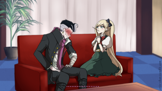 1boy 1girl bandaged_hand bangs black_bow black_footwear black_hair black_jacket black_pants blonde_hair blush boots bow bowtie checkered checkered_floor commentary couch criis-chan dangan_ronpa_(series) dangan_ronpa_2:_goodbye_despair dress earrings embarrassed food frills green_dress green_eyes grey_hair hair_bow hands_on_own_thighs hands_up indoors interlocked_fingers jacket jewelry knee_boots long_hair looking_down mouth_hold no_eyes open_clothes open_jacket pants plant pocky ponytail potted_plant puffy_short_sleeves puffy_sleeves purple_scarf ribbon scarf shirt short_hair short_sleeves sitting sonia_nevermind sweat table tanaka_gandamu watermark web_address white_shirt