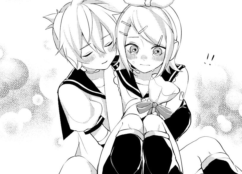 !! 1boy 1girl arm_warmers bangs bare_shoulders blush bow closed_eyes commentary crying crying_with_eyes_open gift_bag greyscale hair_bow hair_ornament hairclip headset hug hug_from_behind kagamine_len kagamine_rin knees_up leg_warmers monochrome paripariparingo sailor_collar shirt short_hair short_sleeves sitting sleeveless sleeveless_shirt spiky_hair swept_bangs tears vocaloid