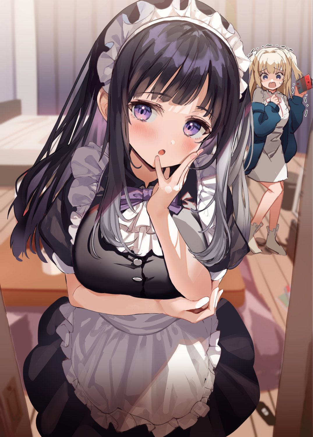 2girls bed black_dress black_hair blonde_hair blush curtains dress floor frilled_dress frills hand_on_own_face highres holding indoors kanda_done kotatsu long_hair looking_at_viewer maid maid_headdress multiple_girls nintendo_switch open_mouth original short_sleeves side_ponytail standing table violet_eyes white_dress
