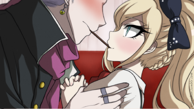 1boy 1girl black_bow black_jacket blonde_hair blush bow braid commentary couch criis-chan dangan_ronpa_(series) dangan_ronpa_2:_goodbye_despair earrings eye_contact food french_braid from_side green_eyes grey_hair hair_bow hands_clasped head_out_of_frame hetero imminent_kiss jacket jewelry long_hair long_sleeves looking_at_another mouth_hold own_hands_together pocky ponytail puffy_short_sleeves puffy_sleeves purple_scarf ring scarf short_sleeves shoulder_grab smile sonia_nevermind tanaka_gandamu watermark web_address