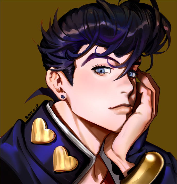 1boy artist_name black_hair blue_eyes bracelet brant0815 closed_mouth diamond_wa_kudakenai earrings face gakuran hand_on_own_cheek hand_on_own_face head_rest higashikata_josuke high_collar jewelry jojo_no_kimyou_na_bouken long_sleeves looking_at_viewer male_focus pompadour portrait school_uniform simple_background solo stud_earrings