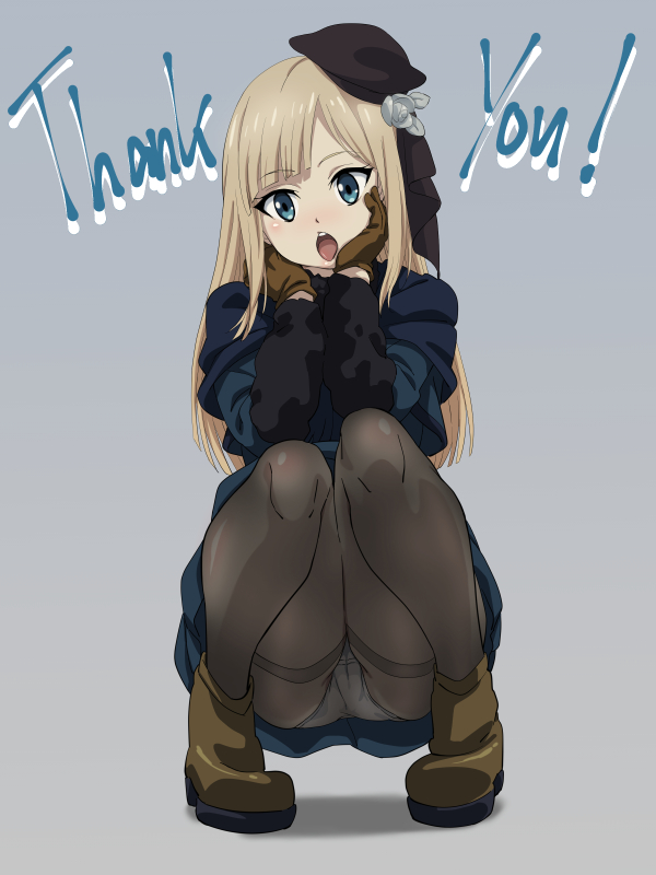 1girl :o bangs beret black_headwear black_legwear blonde_hair blue_eyes blush boots brown_gloves character_name commentary_request crotch_seam fate_(series) flower full_body gloves grey_background hair_flower hair_ornament hands_on_own_cheeks hands_on_own_face hat jacket long_hair long_sleeves looking_at_viewer lord_el-melloi_ii_case_files nomanota open_mouth panties panties_under_pantyhose pantyhose pantyshot reines_el-melloi_archisorte simple_background smile solo squatting thank_you thighband_pantyhose tongue tongue_out underwear upper_teeth