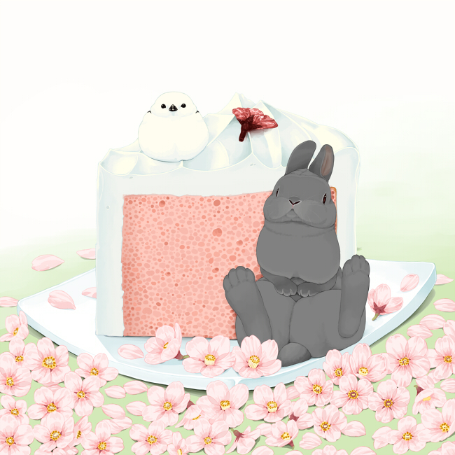 animal_focus bird cake chick chiffon_cake commentary_request flower_request food food_focus gradient gradient_background grass green_background lilac_(p-f_easy) looking_at_viewer original plate rabbit shadow sitting white_background