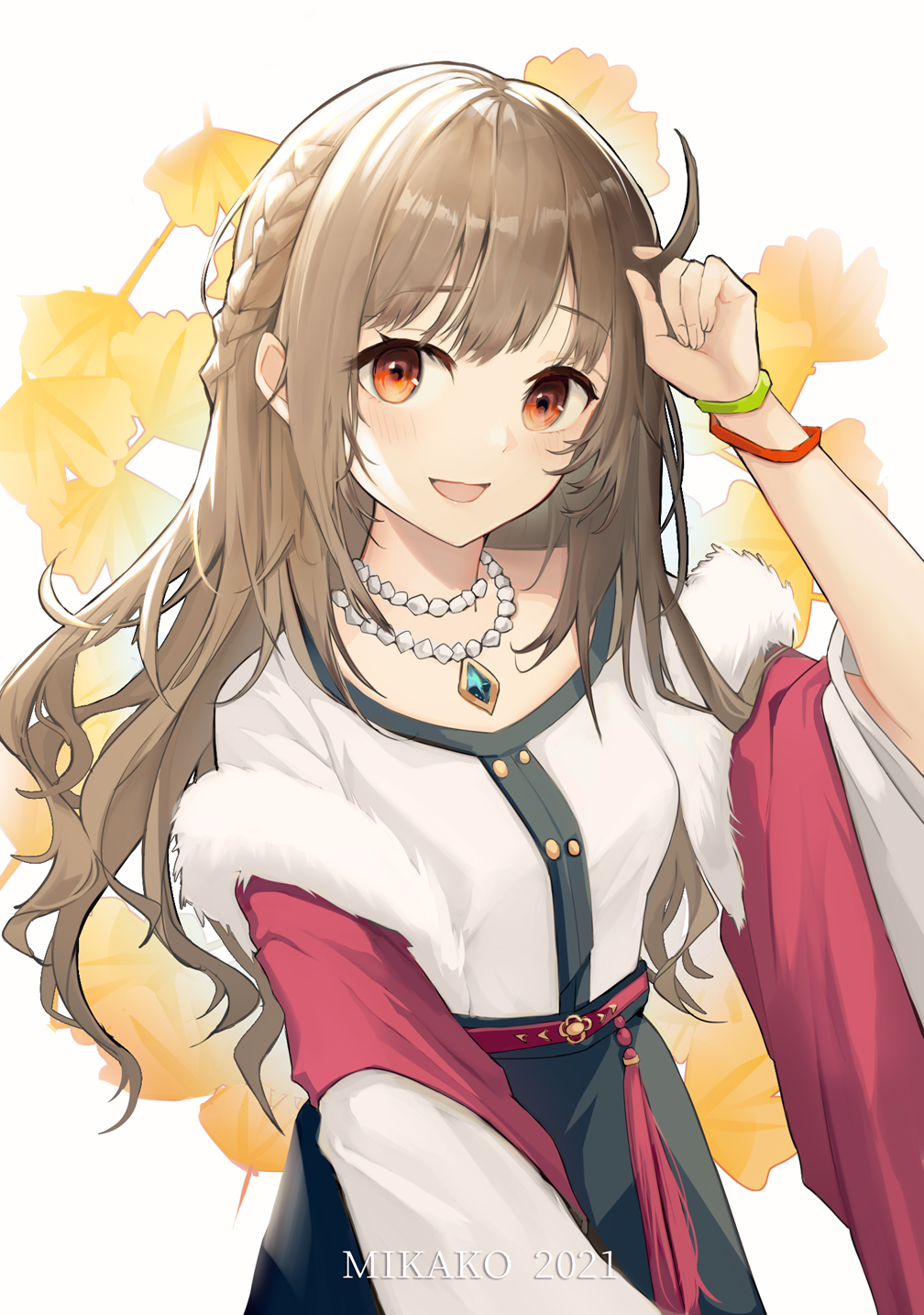 1girl 2021 :d arm_up bangs black_skirt blush braid breasts brown_hair commentary_request eyebrows_visible_through_hair ginkgo_leaf highres jewelry leaf leaf_background long_hair long_sleeves mikako necklace open_mouth original pendant red_eyes shirt skirt small_breasts smile solo very_long_hair white_background white_shirt wide_sleeves