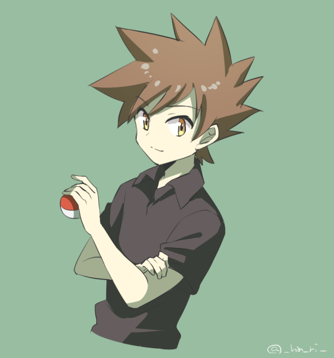 1boy artist_name bangs blue_oak brown_hair closed_mouth collared_shirt commentary_request green_background hand_on_own_arm hari611 holding holding_poke_ball male_focus poke_ball poke_ball_(basic) pokemon pokemon_(game) pokemon_frlg shirt short_sleeves sideways_glance solo spiky_hair upper_body