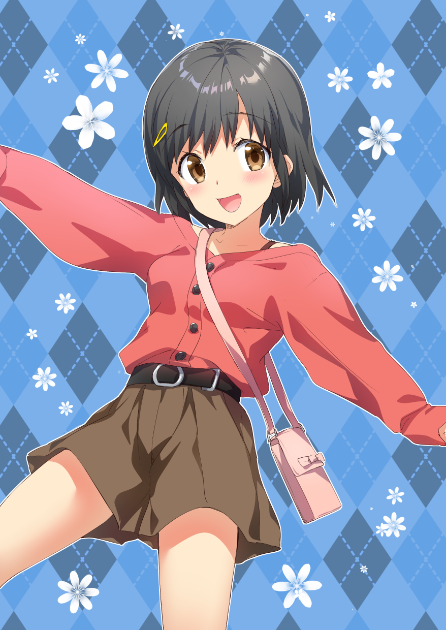 1girl argyle argyle_background bag bangs belt black_belt black_hair blue_background blush breasts brown_eyes brown_skirt buttons character_name character_request chunithm eyebrows_visible_through_hair flower hair_ornament hairclip highres hisasi irodorimidori long_sleeves open_mouth red_shirt shirt shoulder_bag simple_background skirt small_breasts solo