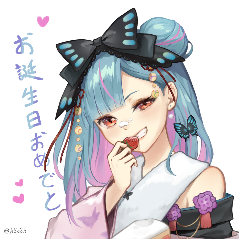 1991_(blz) 1girl bare_shoulders black_bow black_kimono blue_hair blush bow bug butterfly commentary_request cream cream_on_face earrings food food_on_face fruit grin hair_bow hair_bun half-closed_eye head_tilt heart holding holding_food hololive insect japanese_clothes jewelry kimono long_sleeves looking_at_viewer multicolored_hair off_shoulder pink_hair pink_kimono red_eyes side_bun simple_background smile solo strawberry translation_request twitter_username two-tone_hair uneven_eyes uruha_rushia virtual_youtuber white_background wide_sleeves