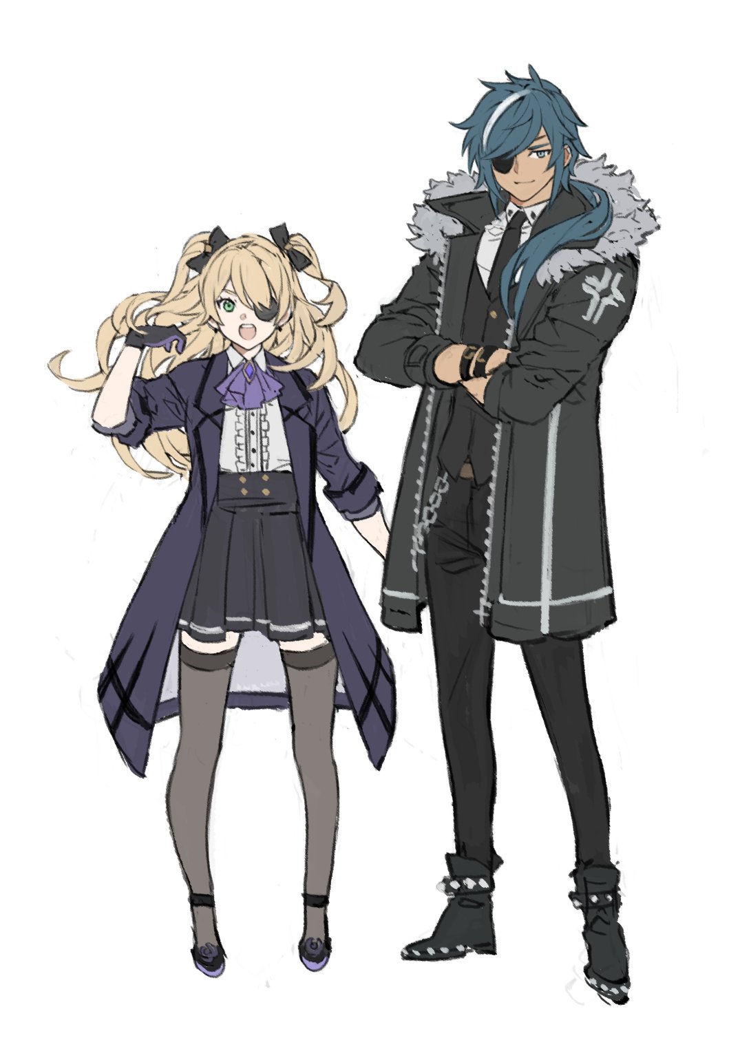 1boy 1girl adjusting_hair alternate_costume arm_up ascot bangs black_bow black_coat black_gloves black_pants black_skirt black_suit blonde_hair blue_hair bow bracelet chain coat commentary dark_skin dark_skinned_male eyepatch fischl_(genshin_impact) formal full_body genshin_impact gloves green_eyes hair_bow highres jennygin2 jewelry kaeya_(genshin_impact) layered_clothing long_hair looking_at_viewer open_clothes open_coat open_mouth pants ponytail purple_coat purple_neckwear shirt sidelocks simple_background skirt sleeves_rolled_up smile spiked_footwear suit symbol_commentary two_side_up upper_teeth white_background white_shirt
