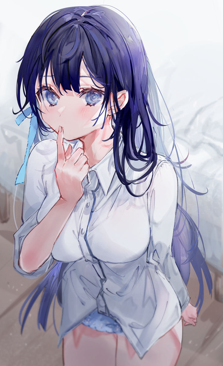 1girl bangs bed bloomers blue_bloomers blue_bow blue_eyes blue_hair bow breasts collared_shirt finger_to_mouth hair_behind_ear hair_bow highres light_blush long_hair medium_breasts no_pants original shia_job shirt underwear very_long_hair white_shirt