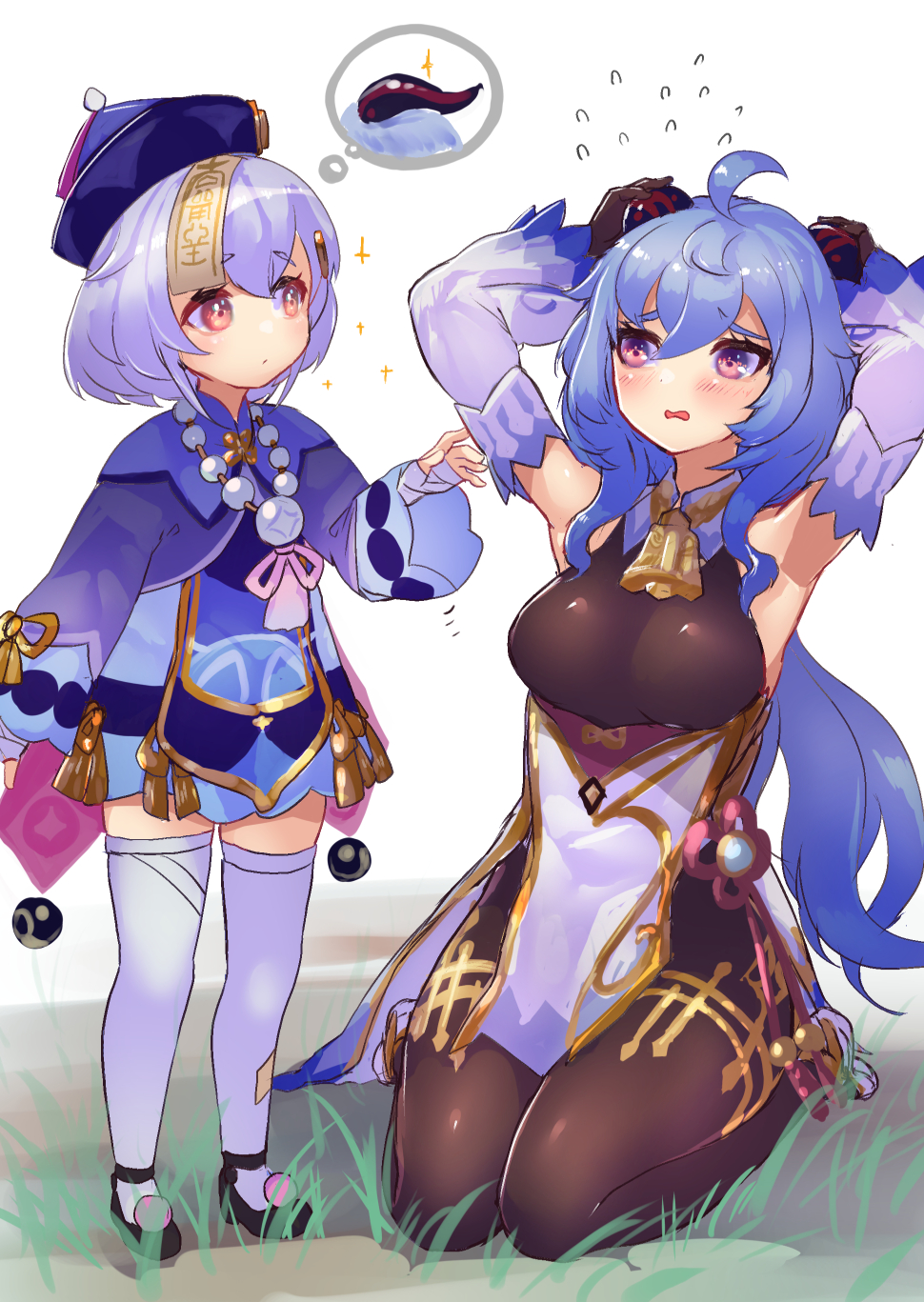 2girls ahoge arms_up bangs bead_necklace beads black_gloves blue_hair blush bodysuit breasts character_request commentary detached_sleeves eyebrows_visible_through_hair flying_sweatdrops ganyu_(genshin_impact) genshin_impact gloves grass hair_between_eyes hat highres jewelry large_breasts long_hair long_sleeves multiple_girls necklace ofuda orange_eyes parted_lips pearl_necklace pelvic_curtain purple_hair qing_guanmao qiqi seiza simple_background sitting sparkle spoken_object standing tadano_magu thigh-highs thought_bubble very_long_hair violet_eyes white_background white_legwear wide_sleeves zettai_ryouiki