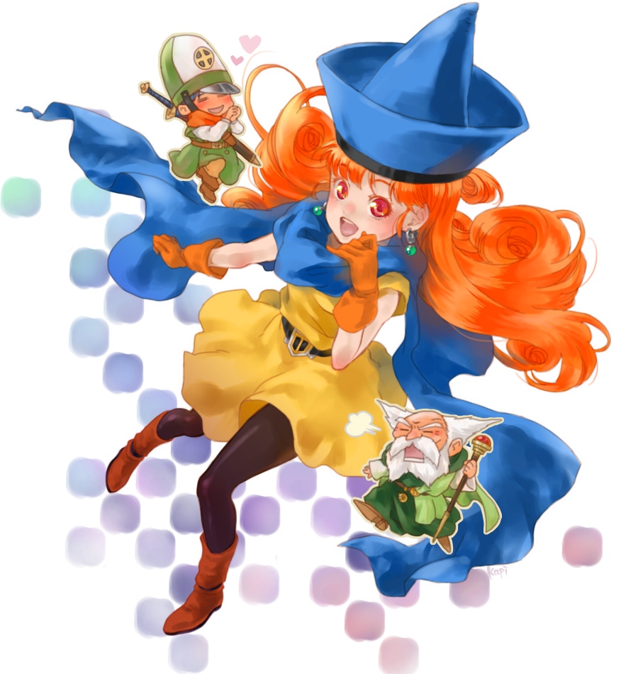 1girl 2boys afglo alena_(dq4) angry bald beard belt black_legwear blush boots brey cape chibi clift curly_hair dragon_quest dragon_quest_iv dress earrings facial_hair full_body gloves happy hat heart holding holding_staff jewelry long_hair multiple_boys open_mouth orange_hair pantyhose pointy_hat red_eyes short_sleeves staff sword weapon white_hair