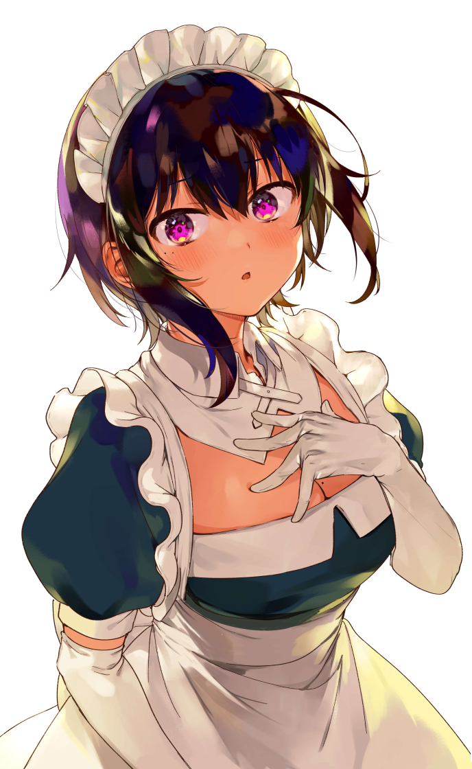 1girl apron black_hair blush breasts commentary_request dark_skin dark-skinned_female elbow_gloves eyebrows_visible_through_hair gloves hand_on_own_chest konbu_wakame lilith_(saikin_yatotta_maid_ga_ayashii) looking_at_viewer maid maid_headdress mole mole_on_breast mole_under_eye official_art parted_lips puffy_short_sleeves puffy_sleeves saikin_yatotta_maid_ga_ayashii short_hair short_sleeves simple_background solo violet_eyes white_apron white_background white_gloves