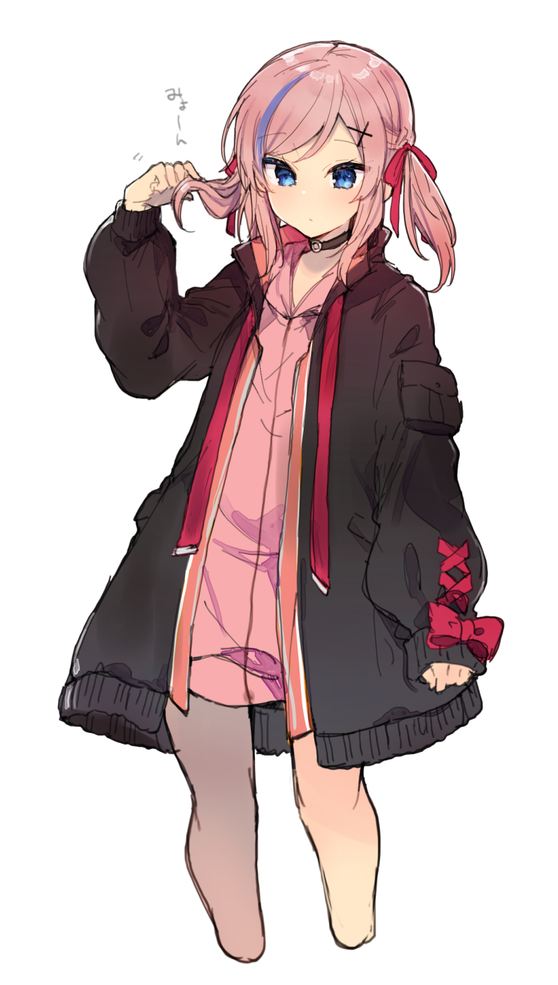 1girl black_choker black_coat choker closed_mouth coat cropped_legs grey_legwear hair_ribbon hand_up highres holding holding_hair hood hoodie ikeuchi_tanuma long_sleeves looking_at_viewer medium_hair multicolored_hair open_clothes open_coat original pantyhose pink_hair pink_hoodie red_ribbon ribbon simple_background single_leg_pantyhose solo standing streaked_hair twintails white_background