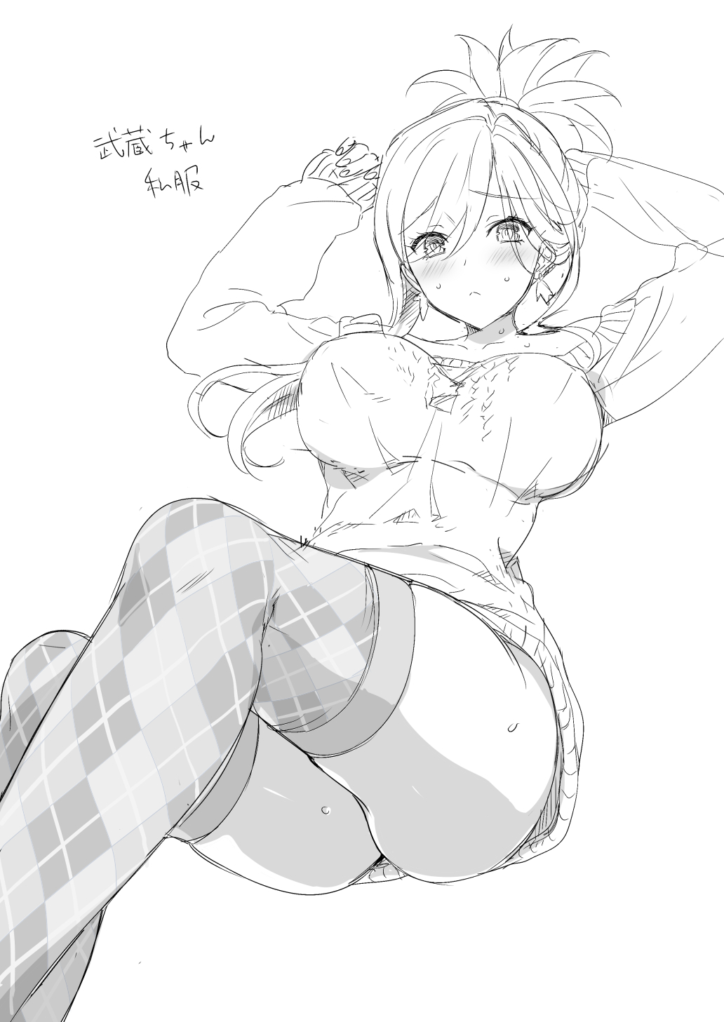 1girl :&lt; alternate_costume argyle argyle_legwear arms_up bangs blush breasts closed_mouth eyebrows_visible_through_hair fate/grand_order fate_(series) greyscale hair_between_eyes highres hisasi large_breasts lineart long_sleeves miyamoto_musashi_(fate/grand_order) monochrome simple_background sketch solo sweat sweater thigh-highs thighs