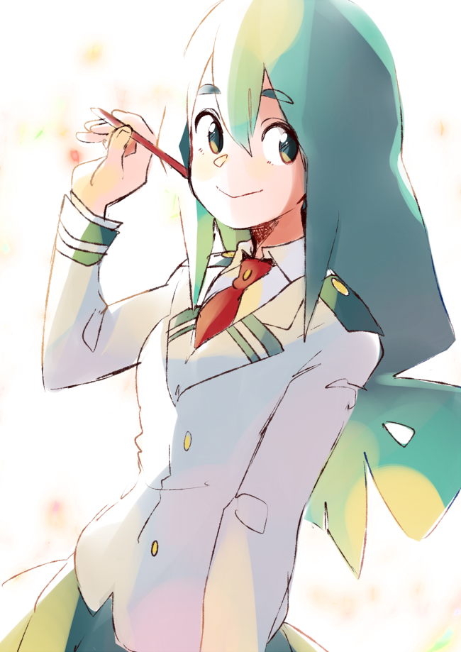 1girl :&gt; asui_tsuyu azuumori blue_eyes blue_hair boku_no_hero_academia closed_mouth collared_shirt commentary grey_jacket hand_up holding holding_pencil jacket long_hair long_sleeves looking_at_viewer low-tied_long_hair necktie pencil red_neckwear school_uniform shirt smile solo white_shirt wing_collar