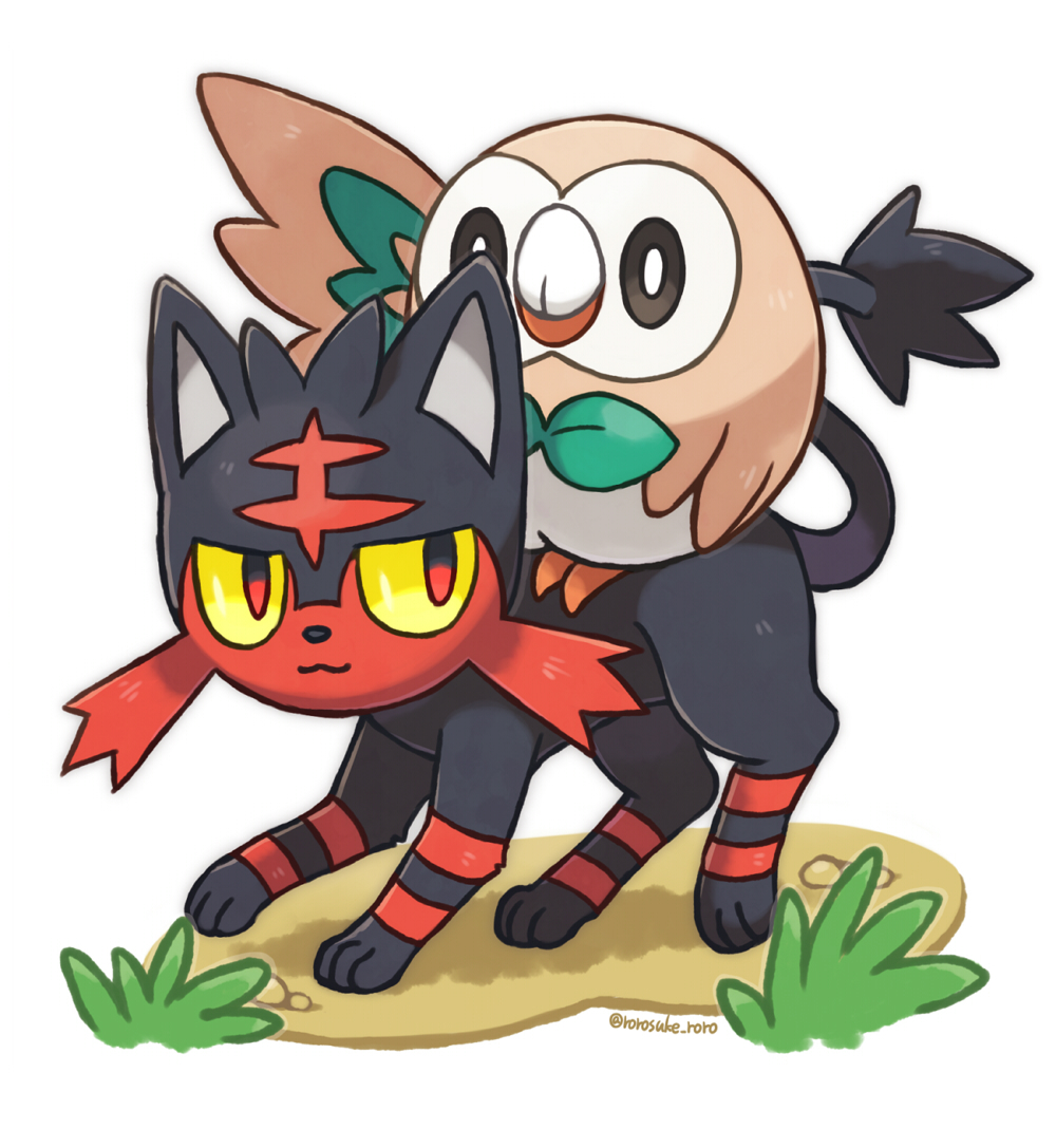 :3 animal_focus artist_name black_sclera cat closed_mouth colored_sclera commentary_request creatures_(company) full_body game_freak gen_7_pokemon grass happy litten looking_at_another looking_back nintendo no_humans outline pokemon pokemon_(creature) red_eyes riding rorosuke rowlet simple_background smile standing twitter_username white_background white_eyes yellow_sclera