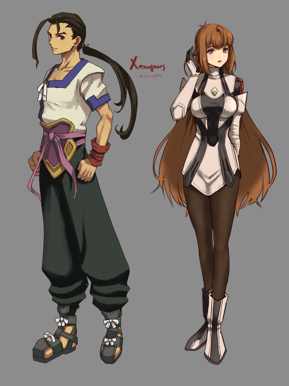 1boy 1girl arm_behind_back bangs black_gloves black_hair blue_eyes brown_hair clenched_hands commentary_request dress elhaym_van_houten fei_fong_wong full_body gloves green_pants grey_background highres long_hair looking_to_the_side low_ponytail open_mouth oyasu_(kinakoyamamori) pants pantyhose short_sleeves single_hair_intake standing white_dress white_footwear xenogears