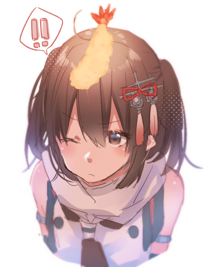 ! !! 1girl bangs blush brown_eyes brown_hair closed_mouth commentary_request eyebrows_visible_through_hair food food_on_head hair_between_eyes hair_ornament kantai_collection medium_hair object_on_head one_eye_closed remodel_(kantai_collection) rinto_(rint_rnt) scarf sendai_(kantai_collection) shrimp shrimp_tempura simple_background sleeveless solo spoken_exclamation_mark tempura two_side_up upper_body white_background white_scarf